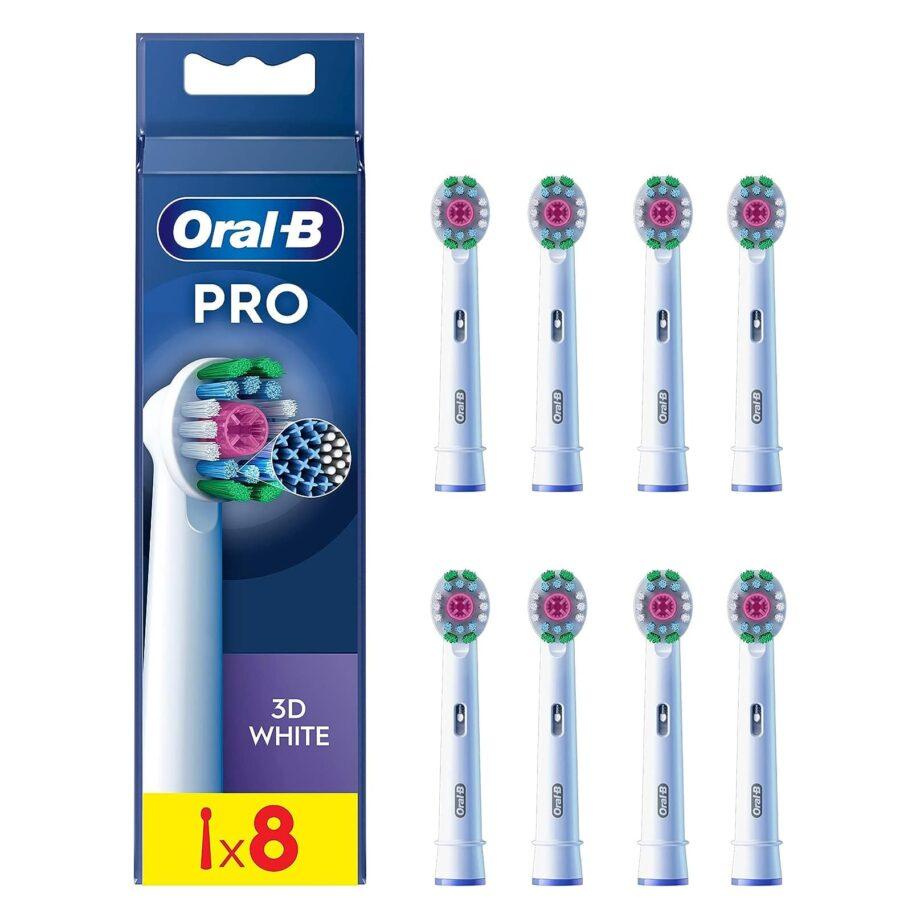 Oral-B 3D White PRO Electric Toothbrush Head with CleanMaximiser Technology Angled Bristles for Deeper Plaque Removal Pack of 8