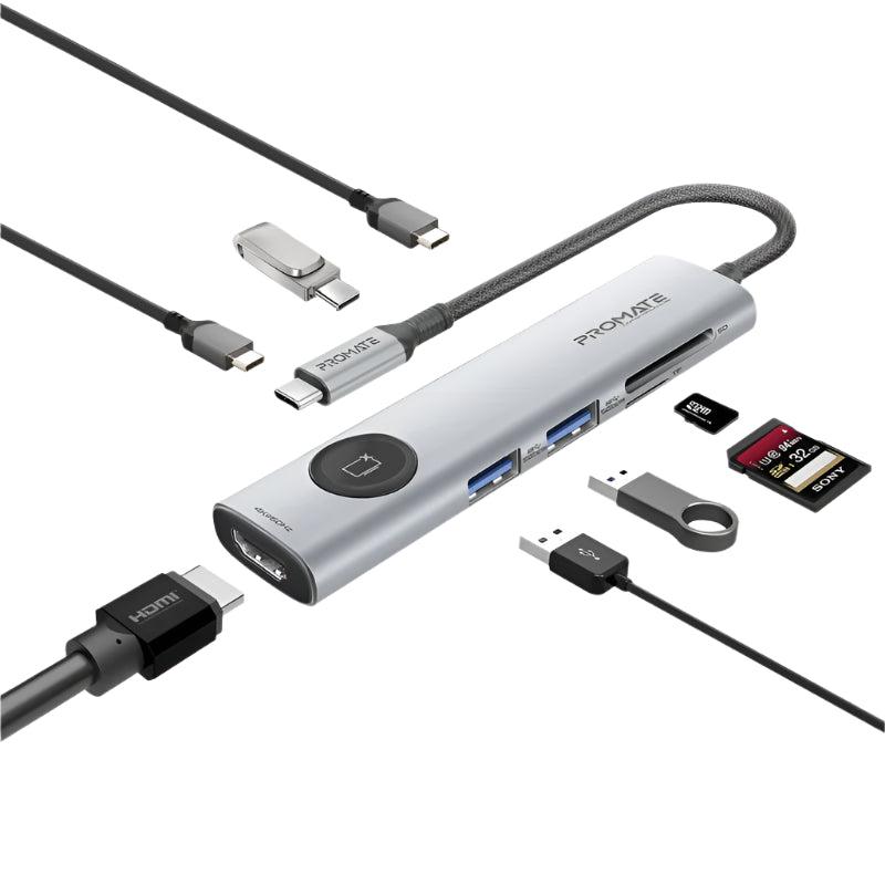 Promate 9 In 1 HUB With Multiport, USB-C, 100Watts, Grey